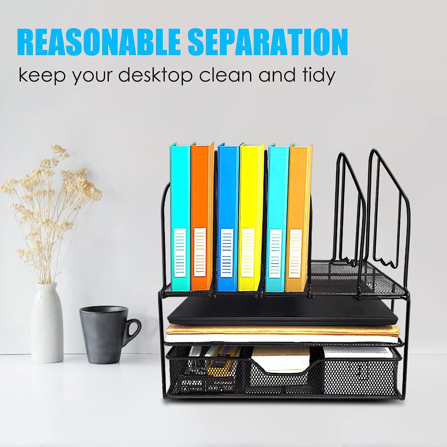 Desk File Organizer with Drawer Anyyuk Office Supplies Organizer with Double Tray and 5 Upright File Folder Holders Sections Desktop Organizer for Workspace Home Office School, Black - Image 5